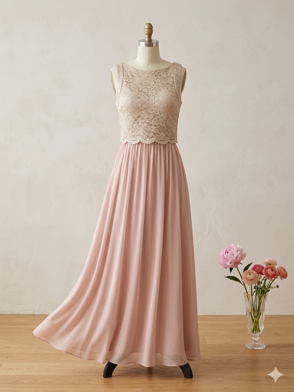 Night Way Collections Lace Bodice Maxi Dress in Blush and Champagne